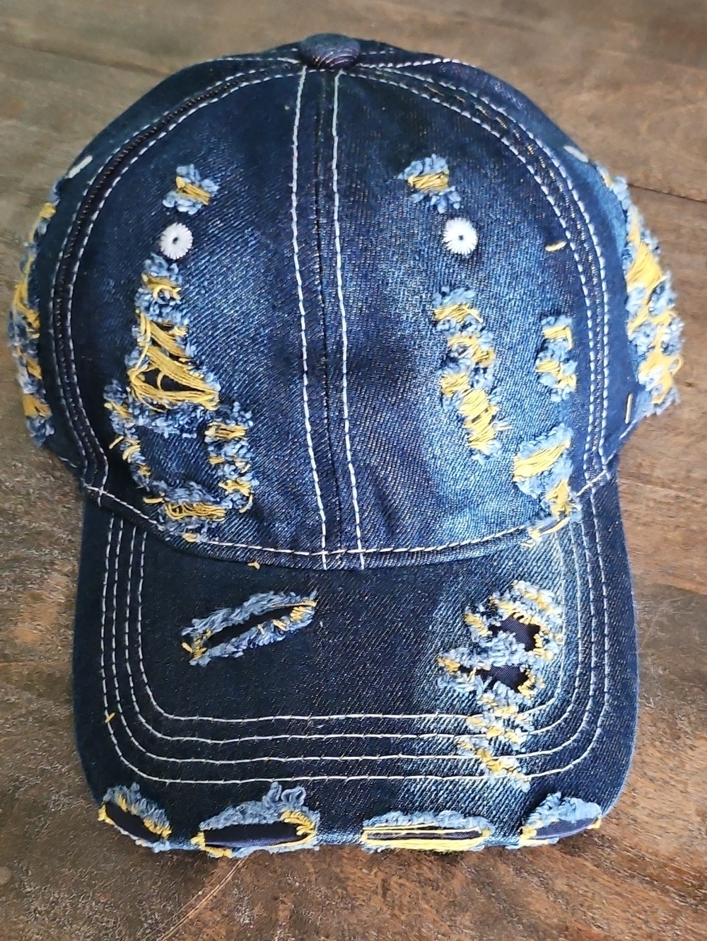 NWT Denim Distressed Baseball Cap With Yellow Accents